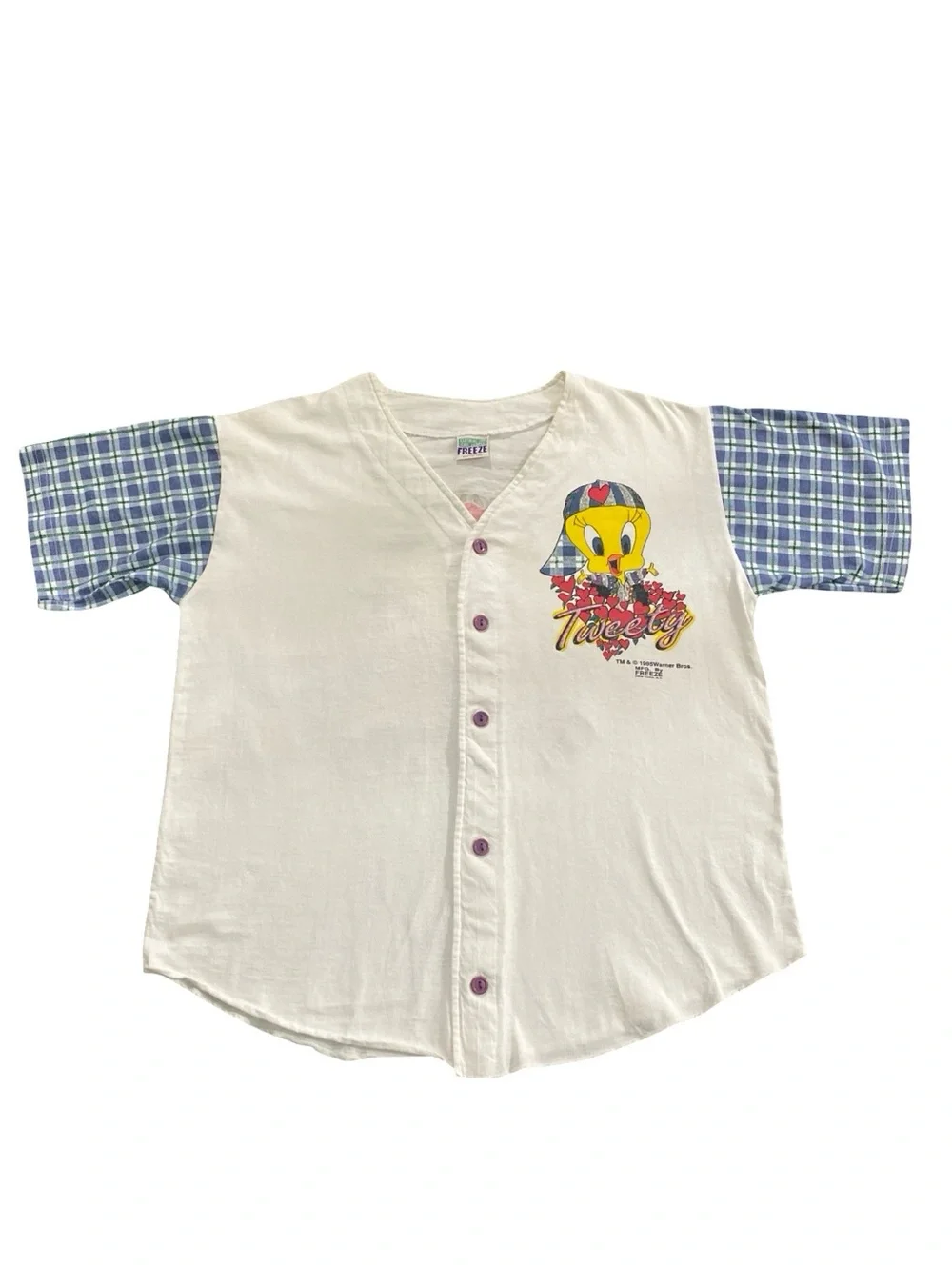 Vintage 90s Warner Bros Looney Tunes Tweety White Baseball Jersey Size Large